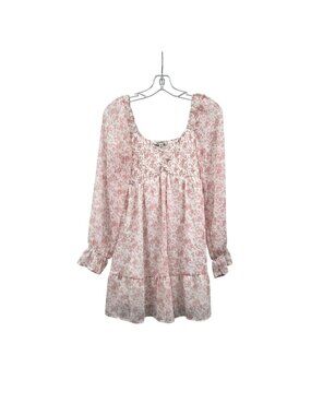 Charmed Hearts Mini Babydoll Dress Long Sleeve Chiffon Pink/White Medium